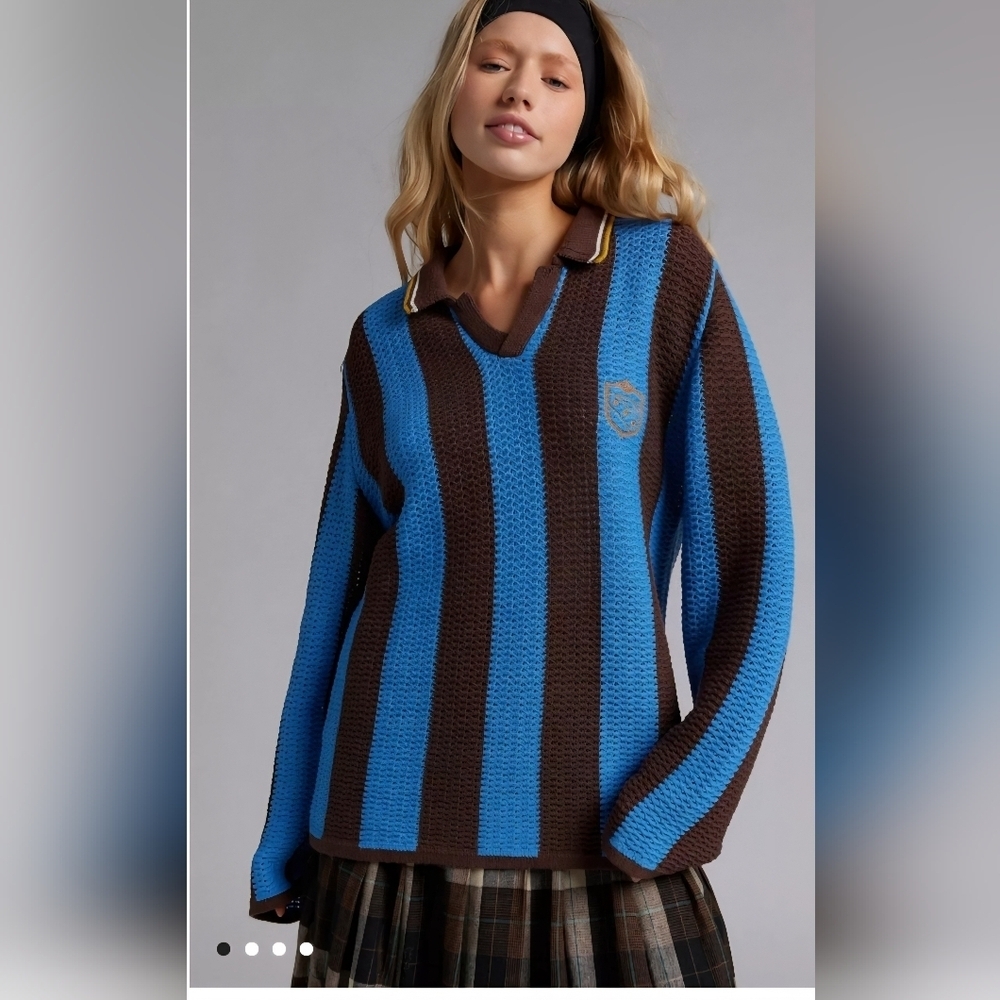 BDG V-Neck Sweater in Blue and Brown Stripes, Women's Med New Oversize